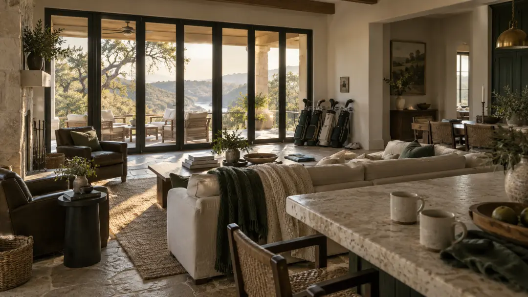 Living room of a Hill Country rental house, looking through open black steel glass doors to the valley at sunrise