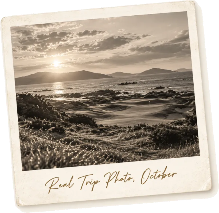 A sepia polaroid of a coastal green at sunset, captioned Real trip photo, October