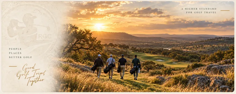 Four golfers carrying their bags down a seaside fairway at sunset, with the Republic Golf Co. seal, the words People, Places, Better golf, and the handwritten line Good golf trips further