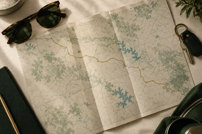 A folded map of Central Texas with a route drawn from Austin into the Hill Country, beside sunglasses and keys