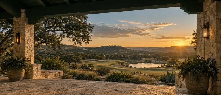 A limestone porch framing a fairway and lake at golden hour
