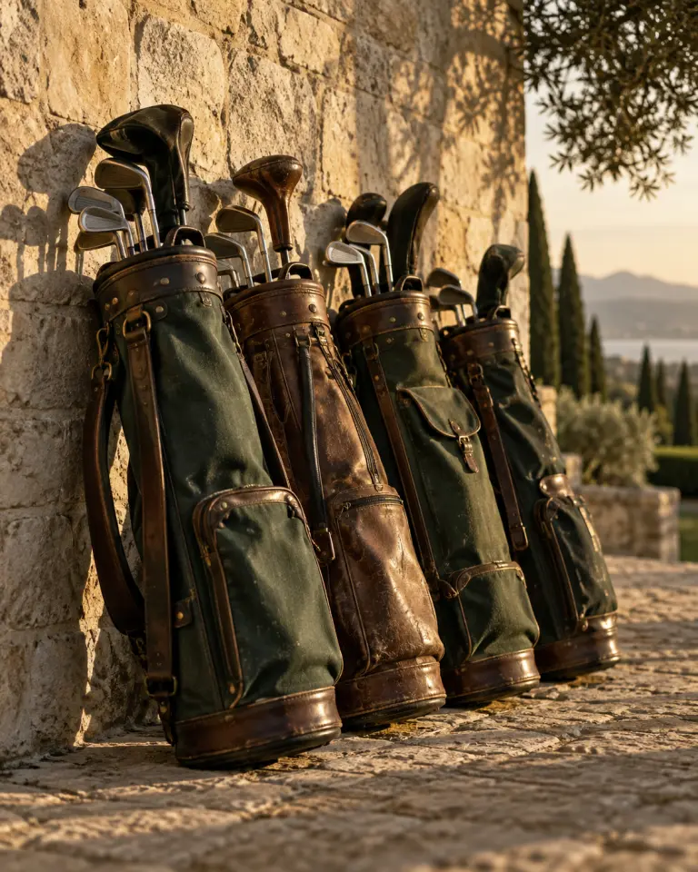 Four leather golf bags leaning against a limestone wall