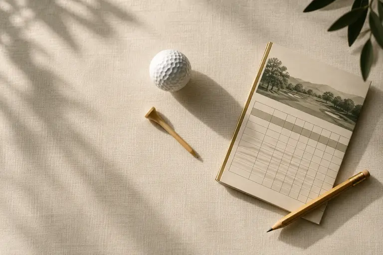 A golf ball, wooden tee, scorecard, and pencil laid out on linen