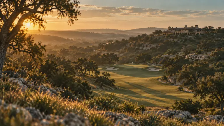 A misty Hill Country valley from the tee box at sunrise