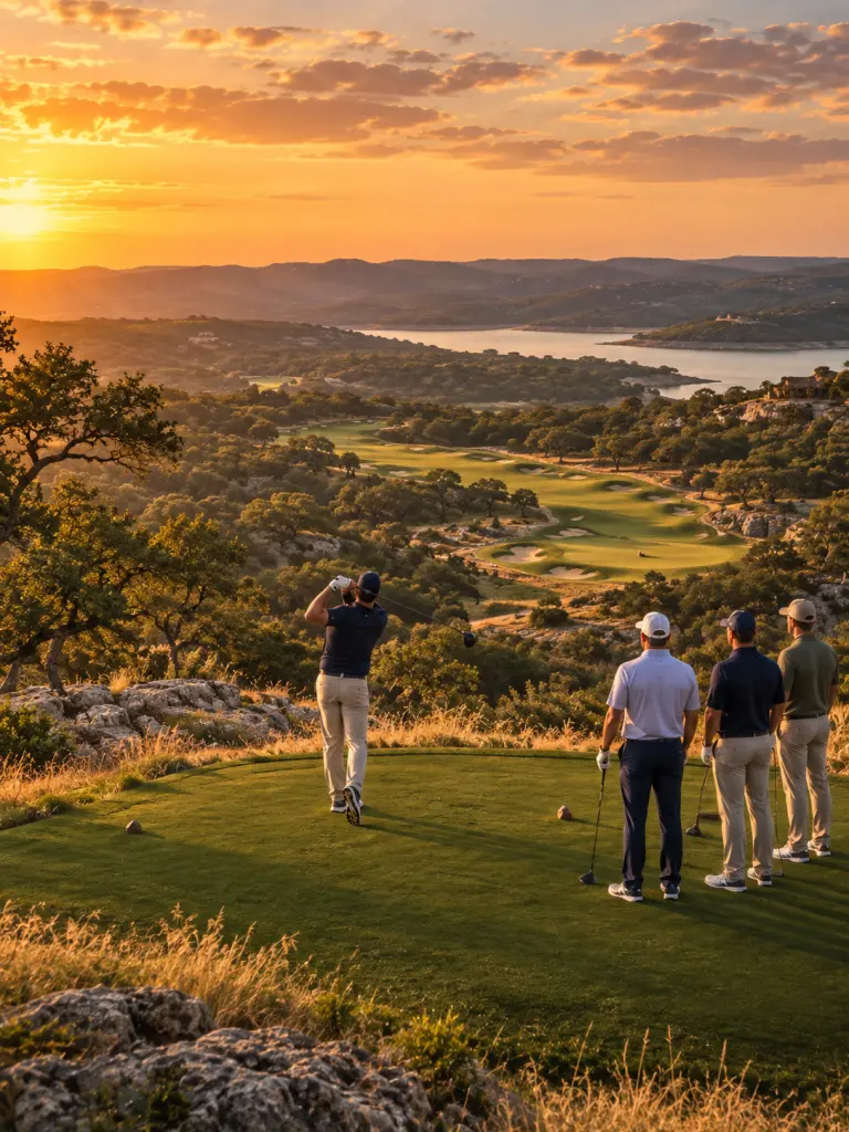 A group on the tee box watching a drive, the valley and lake beyond at sunset