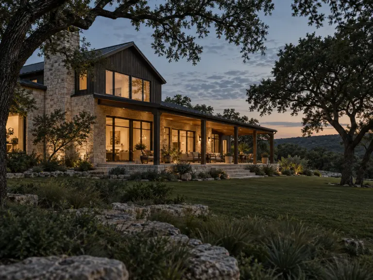 A modern stone and glass rental house at dusk in the Hill Country