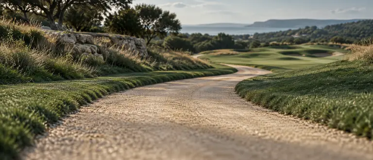 A cart path curving between fairways toward the water