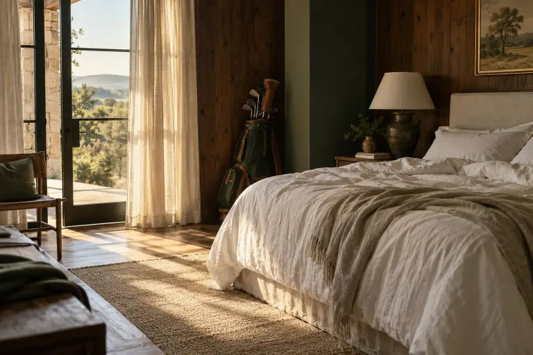 A rental house bedroom in the morning with a golf bag by the window