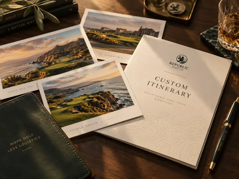 Printed itinerary cards and course photos fanned out on a leather folio