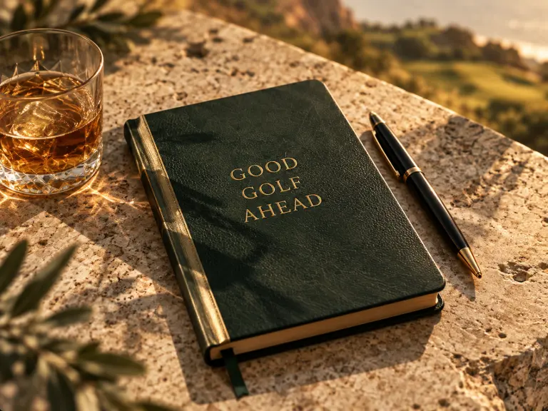 A green leather notebook stamped Good Golf Ahead beside a pen and a glass on a stone table
