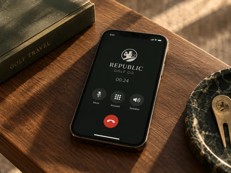 A phone on a wooden table showing an active call with Republic Golf Co.